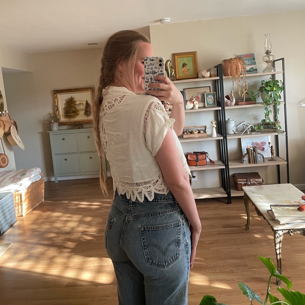 Free People Homespun Cropped Eyelet Button Down White - Picture 3 of 4